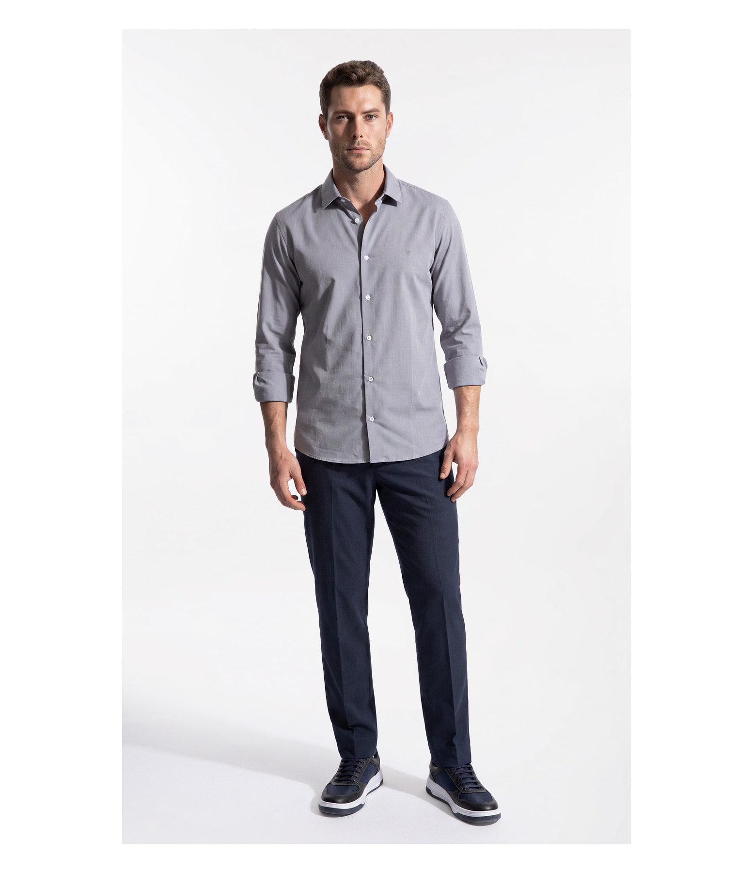 Camisa Ly Fil a Fil Slim Shanghai Ml Cinza Claro