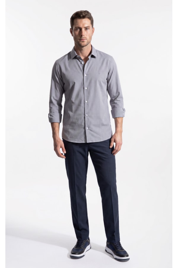Camisa Ly Fil a Fil Slim Shanghai Ml Cinza Claro
