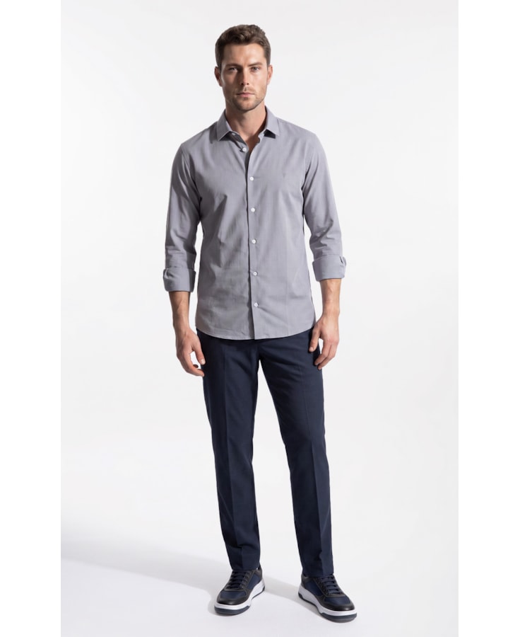 Camisa Ly Fil a Fil Slim Shanghai Ml Cinza Claro