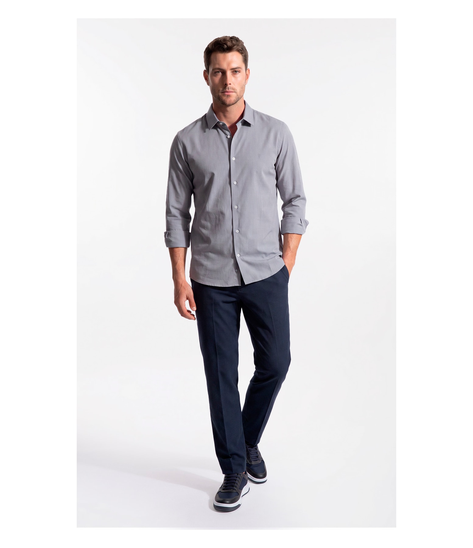 Camisa Ly Fil a Fil Slim Shanghai Ml Cinza Claro