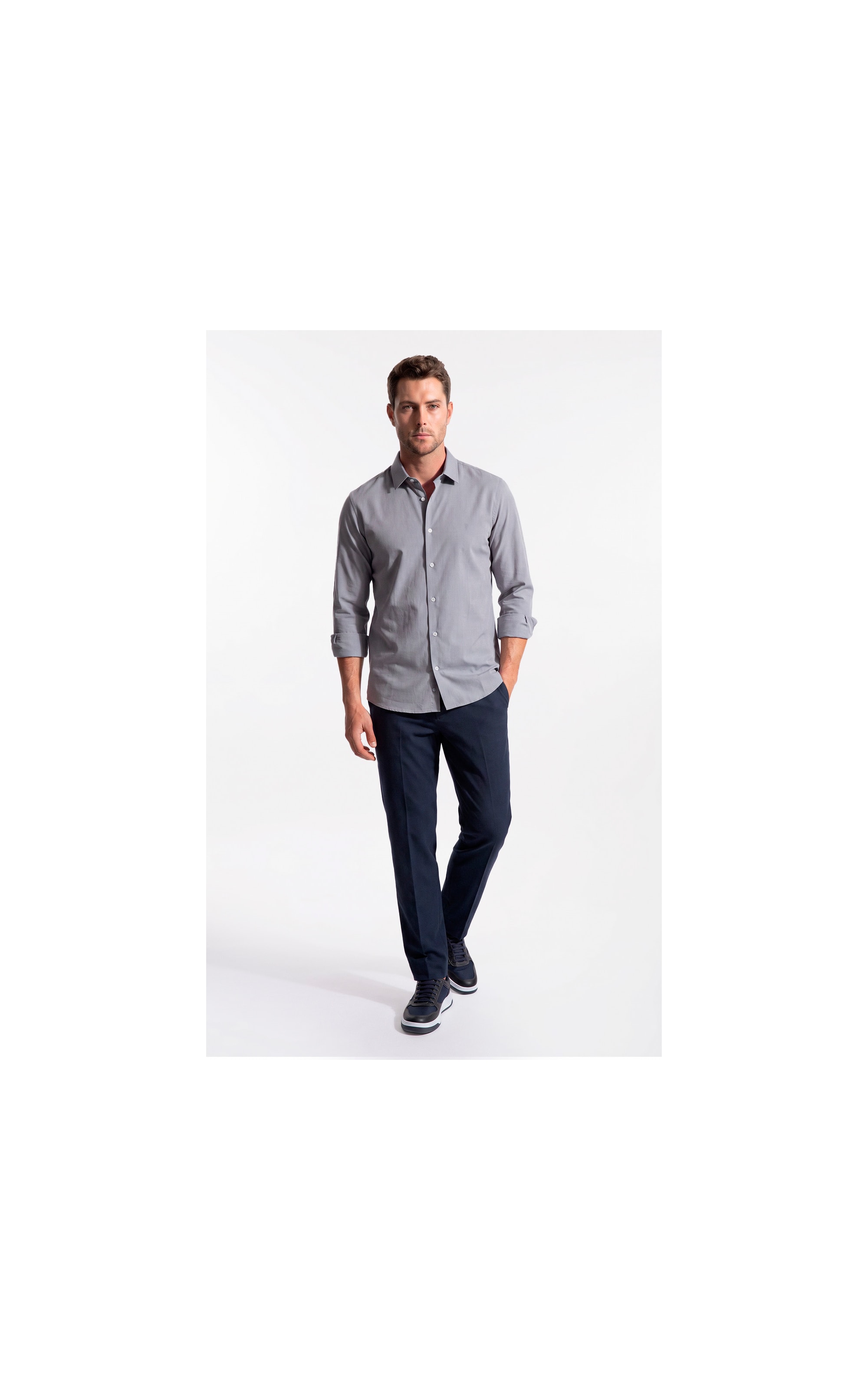 Camisa Ly Fil a Fil Slim Shanghai Ml Cinza Claro