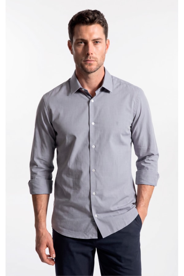Camisa Ly Fil a Fil Slim Shanghai Ml Cinza Claro