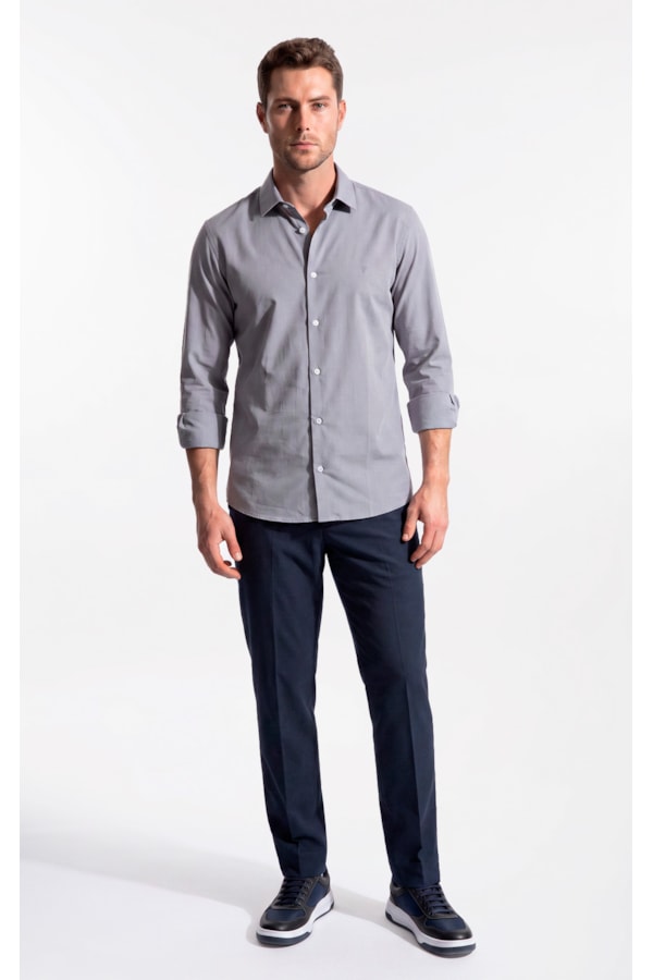 Camisa Ly Fil a Fil Slim Shanghai Ml Cinza Claro