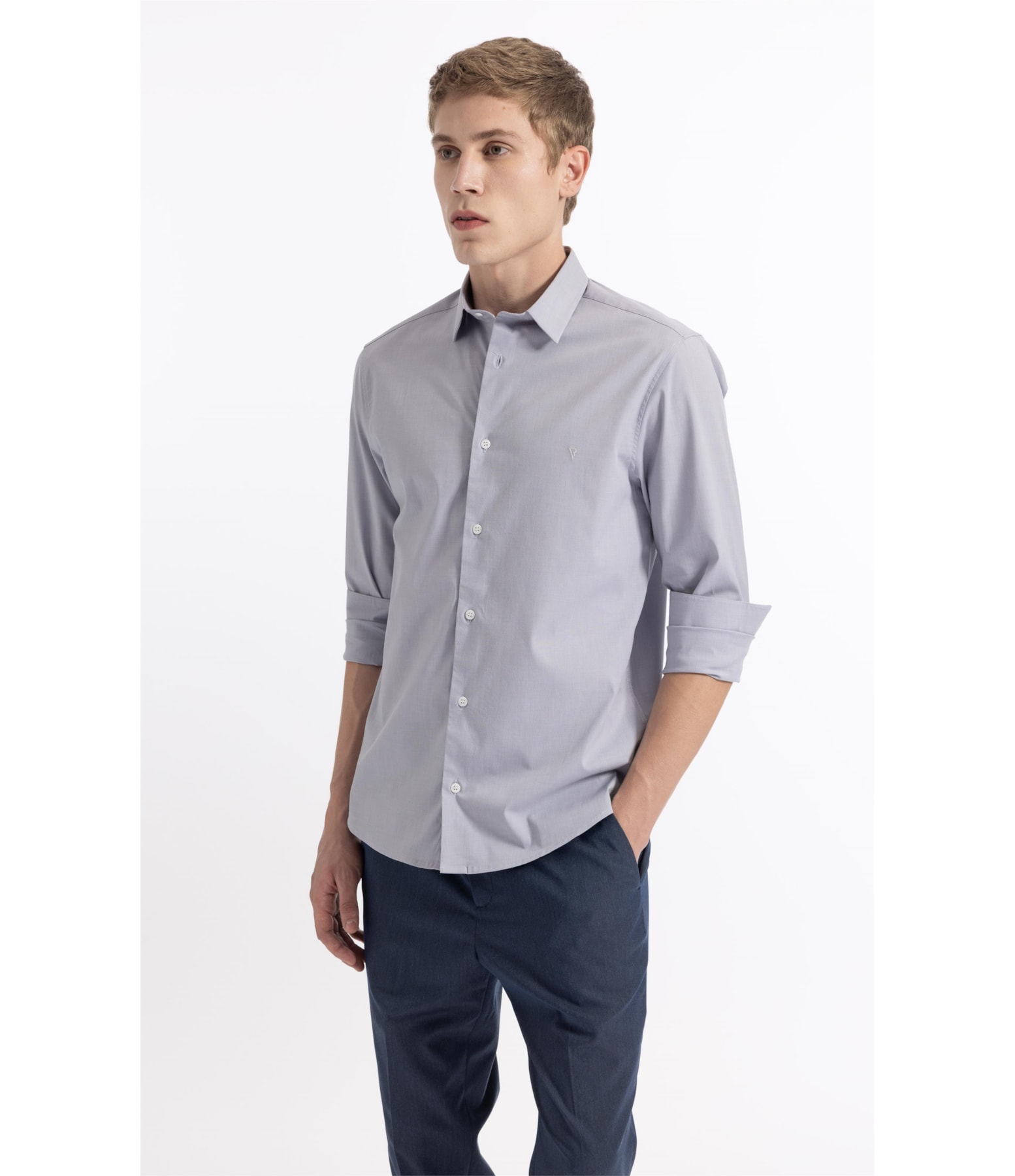 Camisa Ly Fil a Fil Slim Shanghai Ml Cinza Claro