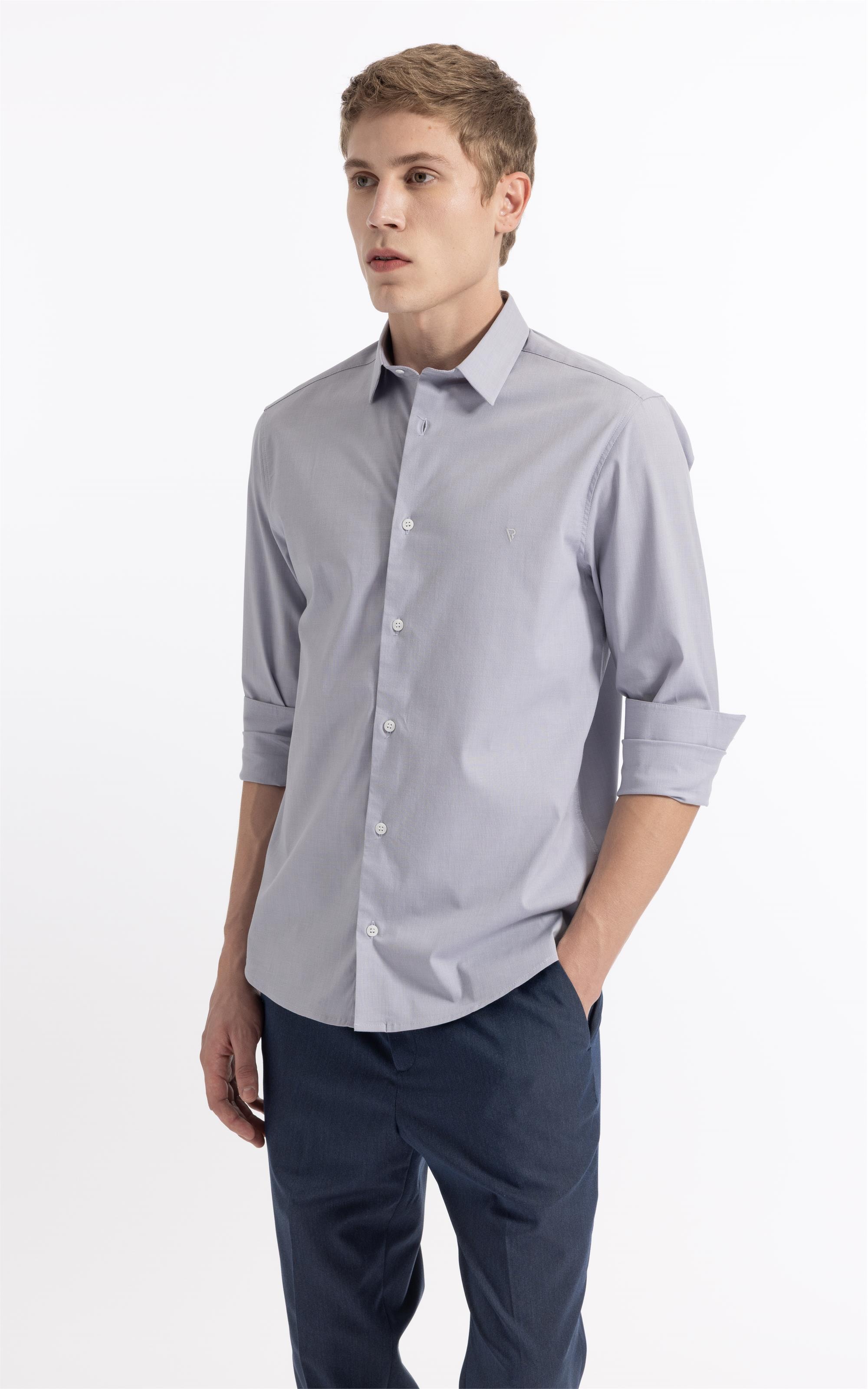 Camisa Ly Fil a Fil Slim Shanghai Ml Cinza Claro