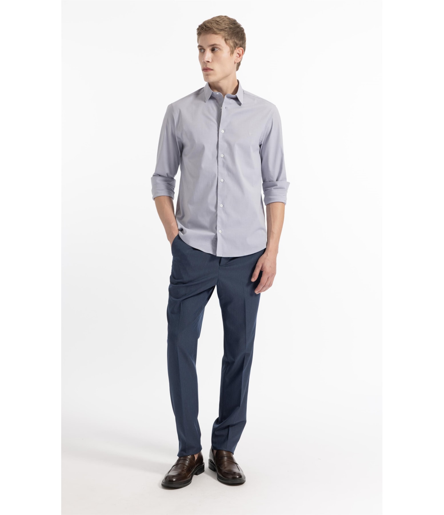 Camisa Ly Fil a Fil Slim Shanghai Ml Cinza Claro