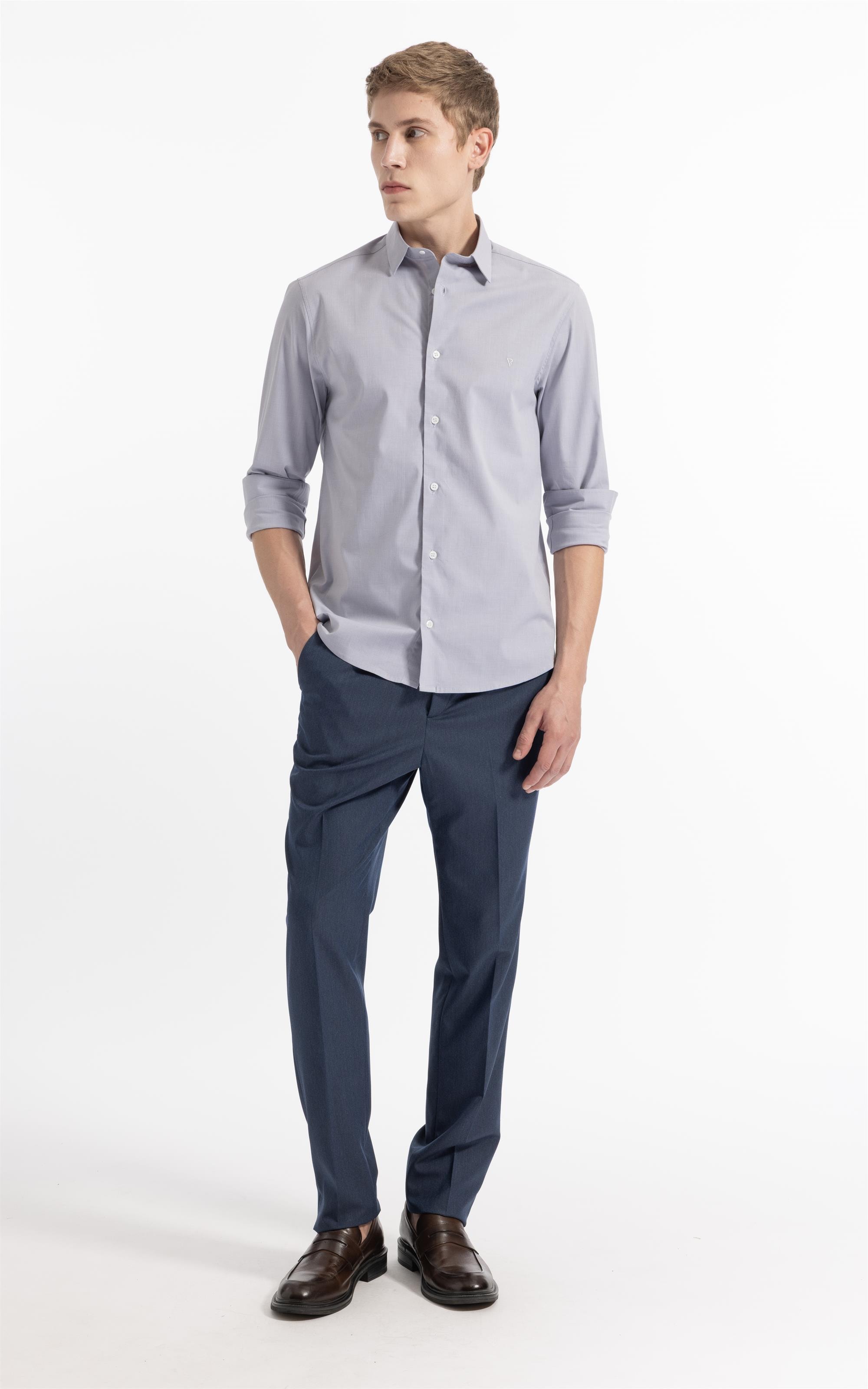 Camisa Ly Fil a Fil Slim Shanghai Ml Cinza Claro