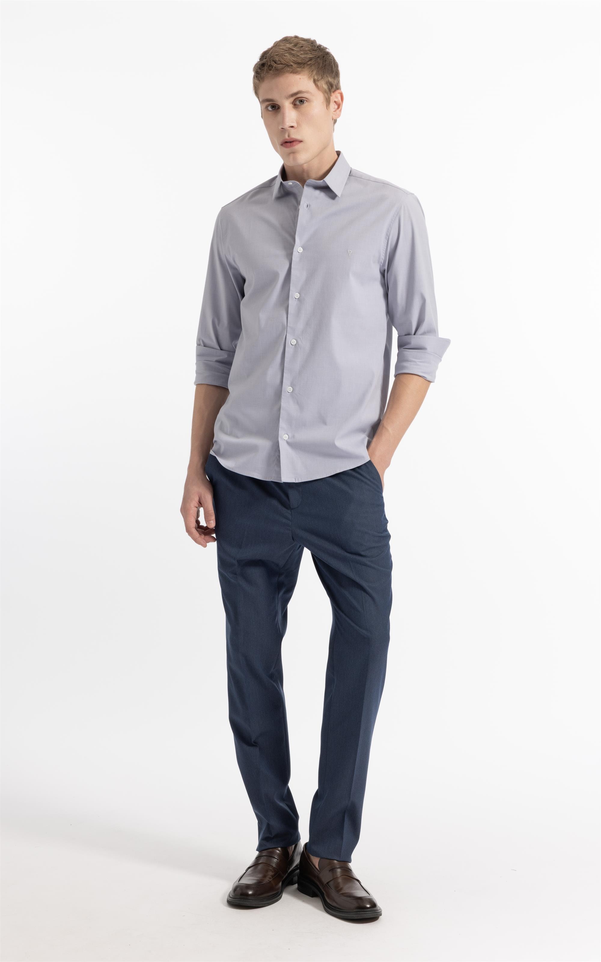 Camisa Ly Fil a Fil Slim Shanghai Ml Cinza Claro