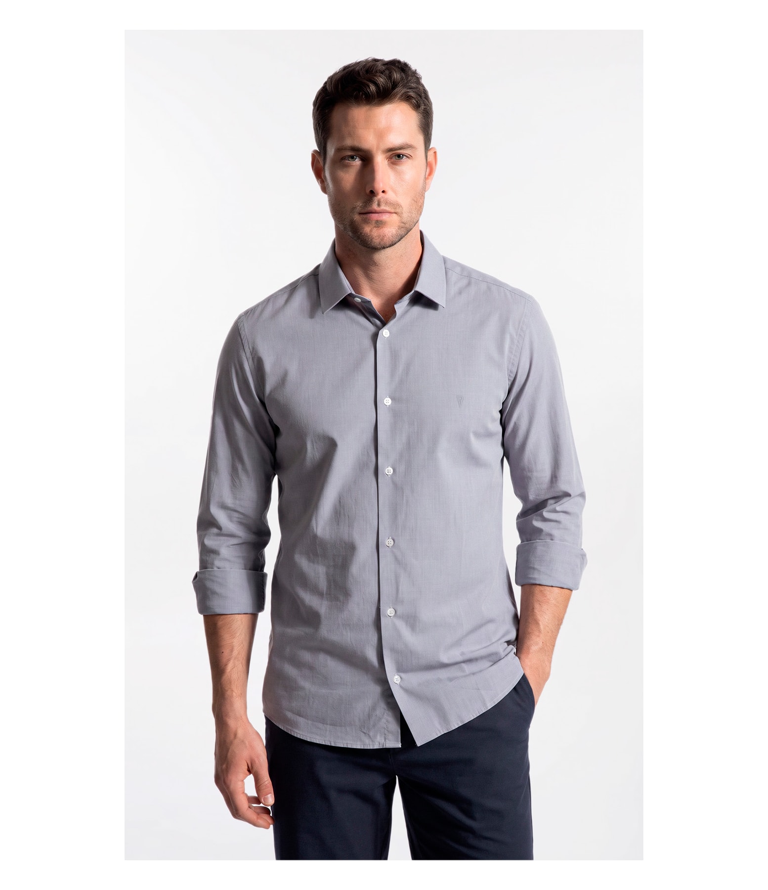 Camisa Ly Fil a Fil Slim Shanghai Ml Cinza Claro