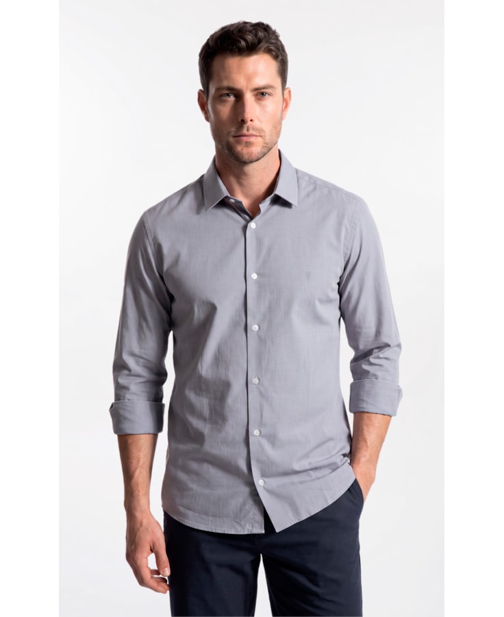 Camisa Ly Fil a Fil Slim Shanghai Ml Cinza Claro