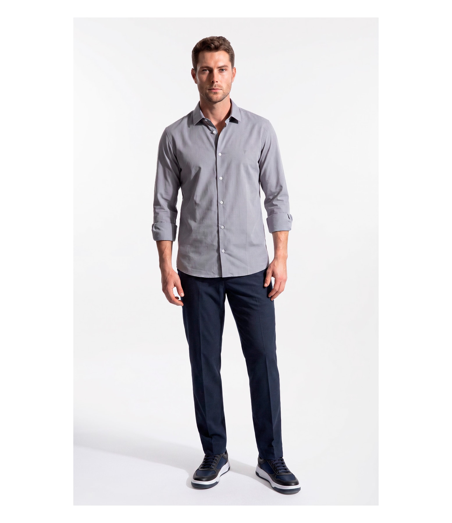 Camisa Ly Fil a Fil Slim Shanghai Ml Cinza Claro