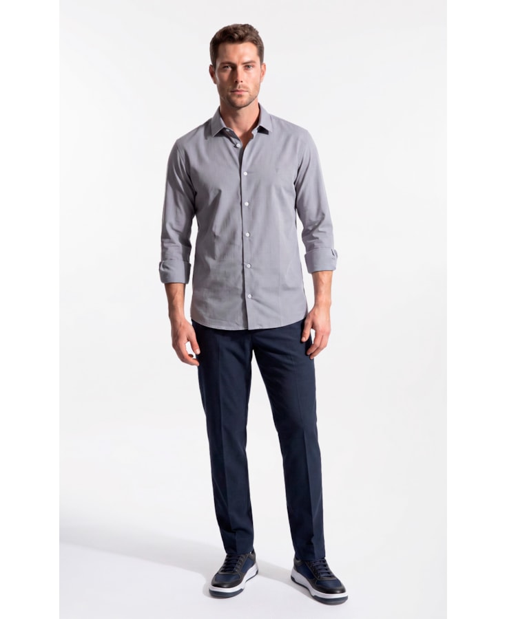 Camisa Ly Fil a Fil Slim Shanghai Ml Cinza Claro