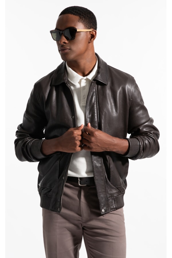 Jaqueta Aviator Leather Dark Brown