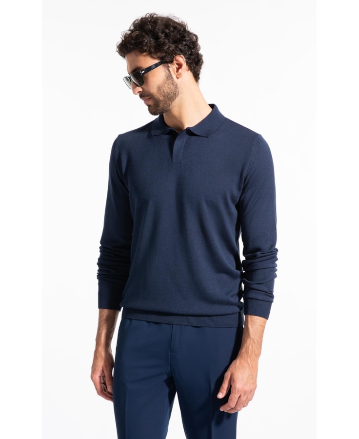 Polo Ml Tricot Vista Embutida Marinho