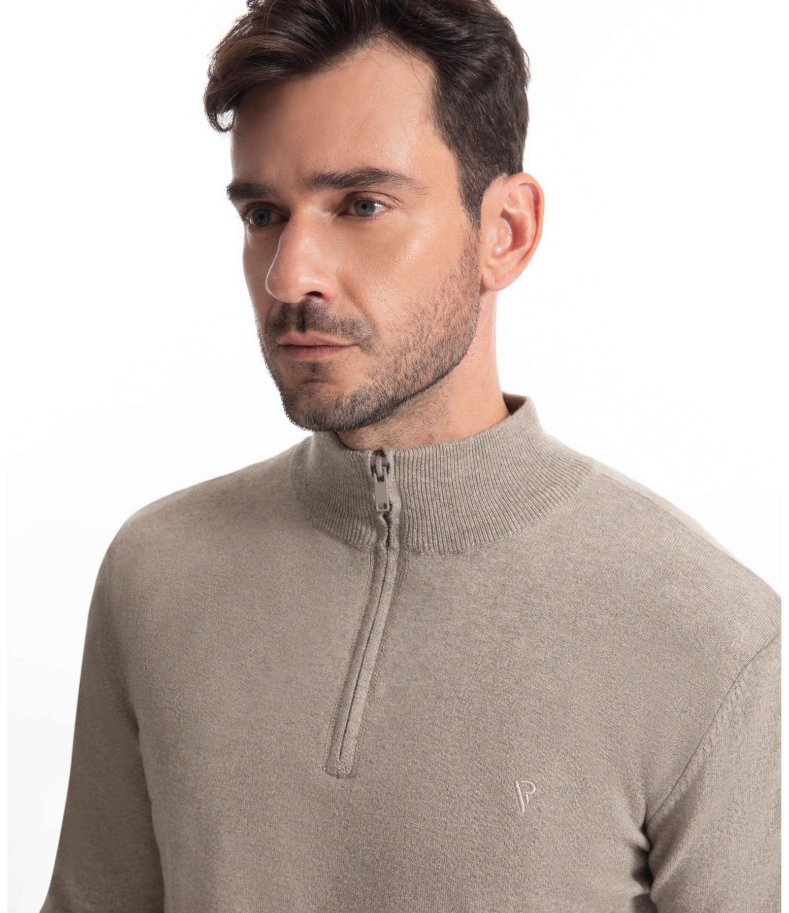 Tricot Cashmere Gola Com Ziper Areia