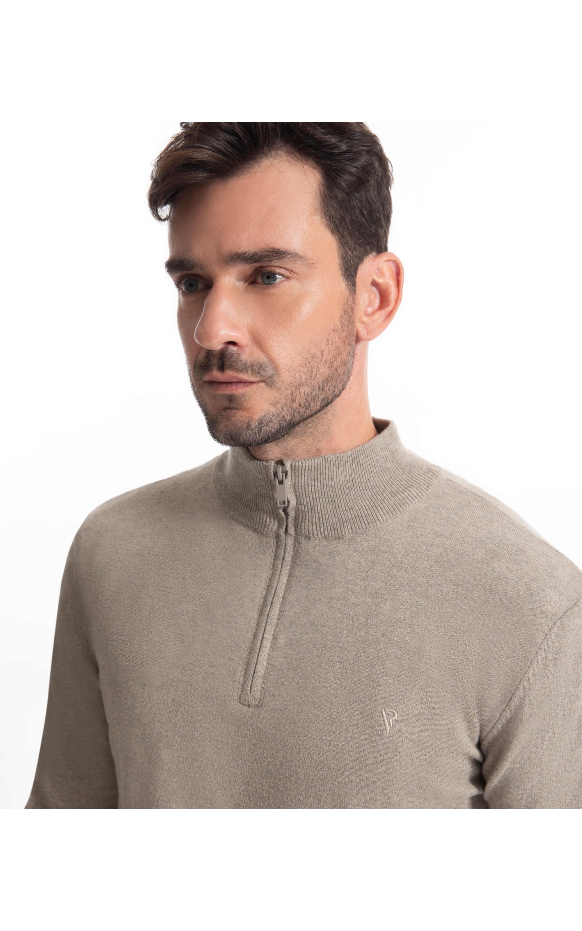 Tricot Cashmere Gola Com Ziper Areia